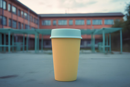 Yellow paper coffee cup in front of school building. 3d renderingの素材