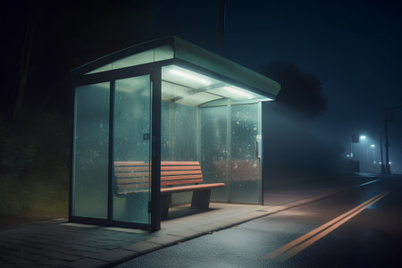 Bus stop at night with a bench and rain drops. 3d renderingの素材