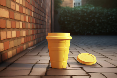 3d render of yellow coffee cup on the street with brick wallの素材