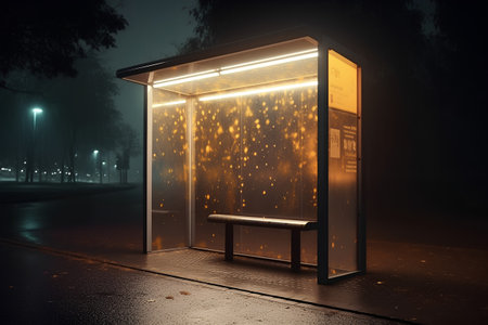 Bus stop at night in a foggy city. 3d renderingの素材