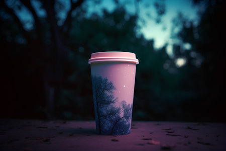 Coffee cup in the forest at night. 3d renderingの素材