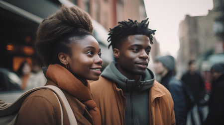 Young african american man and woman walking in the city.の素材