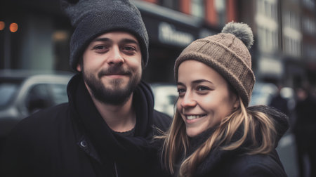 Portrait of a young couple in winter clothes on the street.の素材