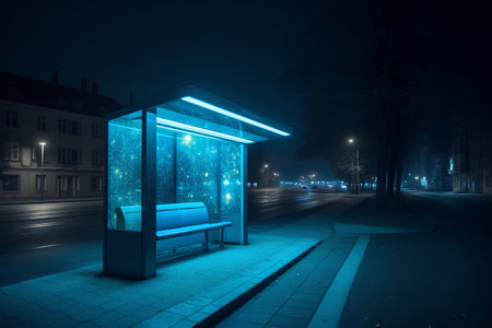 Bus stop at night. Public transport concept. 3D Renderingの素材