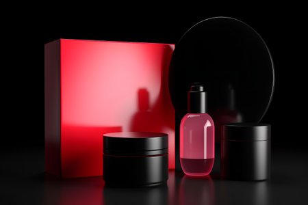 Cosmetic containers and mirror on black background. 3D illustration.の素材