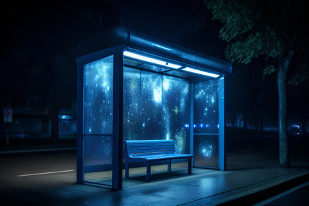 Bus stop at night. 3d illustration. Blue toned.の素材