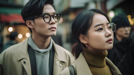 young asian man and woman in eyeglasses looking at cameraの素材