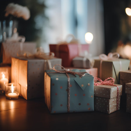 Gift boxes with ribbons on the background of a Christmas interiorの素材