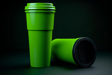 Green plastic coffee cup isolated on black background. 3d render.の素材
