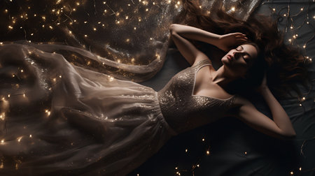 Fashion shot of a beautiful young woman in a gold dress on a black background with lights.の素材