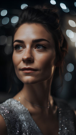 Closeup portrait of beautiful brunette woman with sparkles on her faceの素材