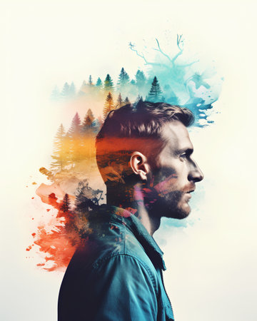 Profile view of a young man with a double exposure of nature and trees. Collage.の素材