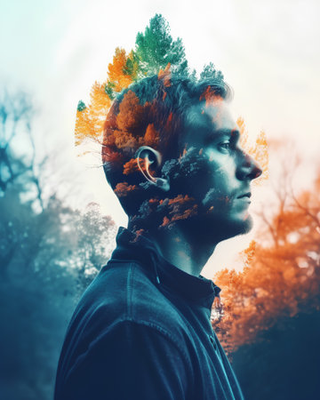 Double exposure portrait of young man with abstract forest background. Ecology conceptの素材