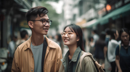 Happy young Asian couple walking in the city. People lifestyle concept.の素材