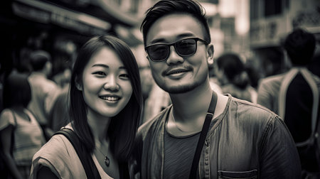 Happy asian young couple walking in the city, black and whiteの素材
