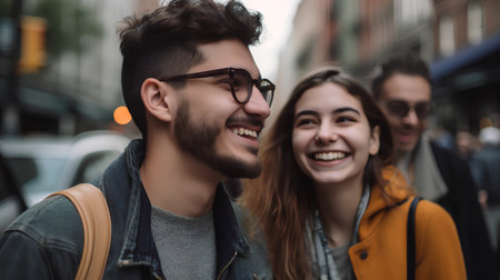 Portrait of a smiling young couple walking in the city street.の素材