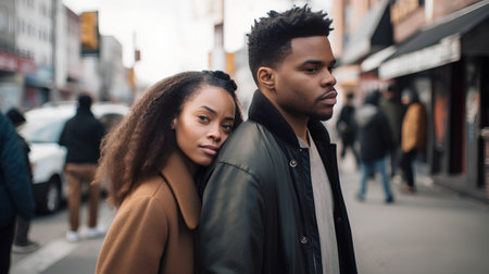 Young african american man and woman walking in the city.の素材