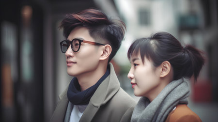 portrait of young asian couple in the city, asiaの素材