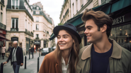 Beautiful young couple is walking in Paris, France and smiling.の素材