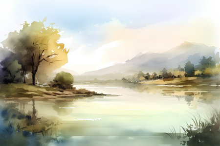 Watercolor landscape with lake, forest and mountains. Digital art painting.の素材