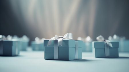 Gift boxes with ribbons on a blue background with bokehの素材