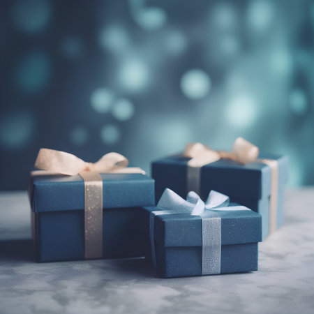 Gift boxes with ribbons on bokeh background, vintage tonedの素材