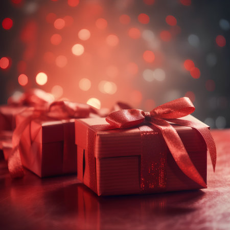Christmas gift box with red ribbon on bokeh background. Toned.の素材