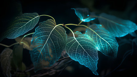 Close up of green leaves with blue light in the dark background.の素材