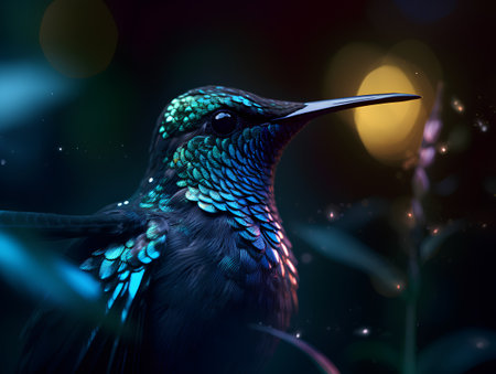Hummingbird in the night sky. Collage of a beautiful bird.の素材