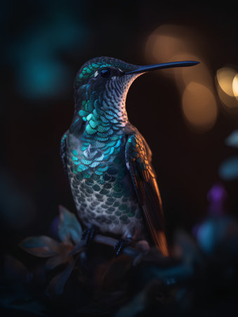 Beautiful hummingbird sitting on a branch with a dark background.の素材
