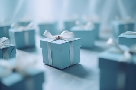 Blue gift boxes with ribbons and bows on a silver background.の素材