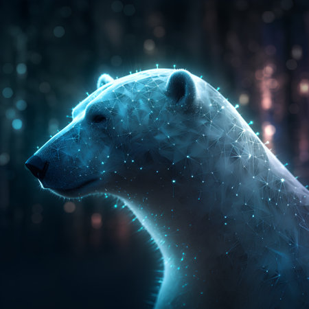 3D rendering of a polar bear on a dark background with lightsの素材