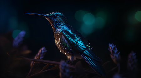 Beautiful bird on a branch of lavender in the night.の素材