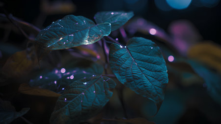 Close up of green leaves with bokeh lights in background.の素材