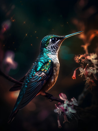 Beautiful hummingbird sitting on a branch with flowers in the backgroundの素材
