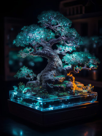 Bonsai tree in pot at night. Bonsai conceptの素材