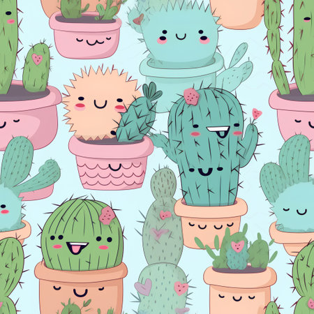 Cute seamless pattern with cactuses in pots. Vector illustrationの素材
