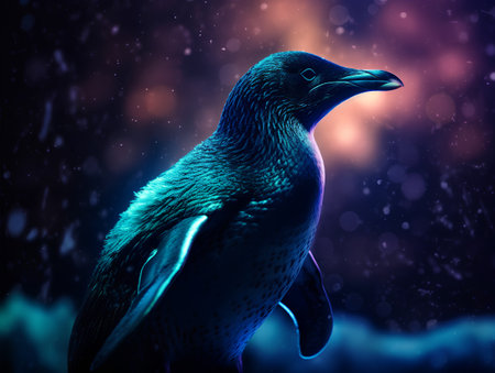 Penguin in the night sky. 3d rendering. Computer digital drawing.の素材