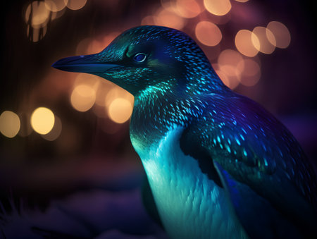 Portrait of a penguin on a background of the night forest.の素材