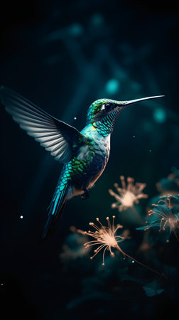 Hummingbird in the night sky with firework and stars.の素材