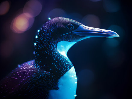 3d illustration of a penguin on a dark background with bokehの素材