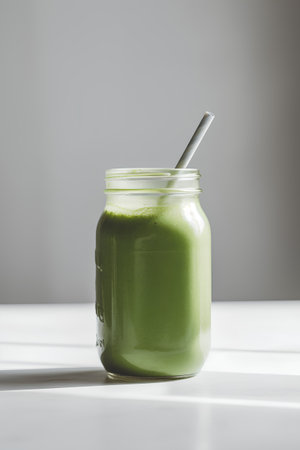 Healthy green smoothie in a glass jar with a straw on a white backgroundの素材
