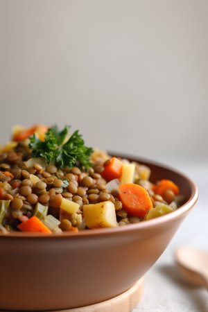 Lentil stew with vegetables in a bowl on a light backgroundの素材