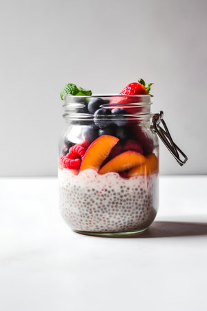 Chia seed pudding with fruits in glass jar on white background.の素材