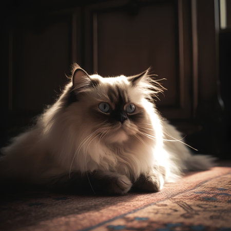 Portrait of a long-haired Persian cat with blue eyes on the carpetの素材