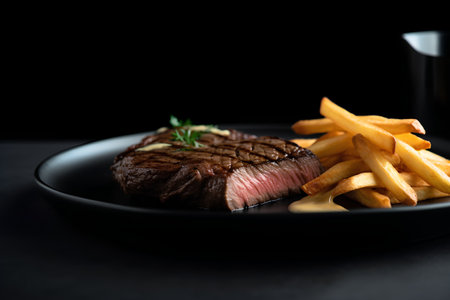 Grilled steak with french fries on a black plate. Black background.の素材