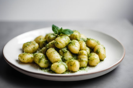 Italian pasta gnocchi with pesto sauce, selective focus imageの素材