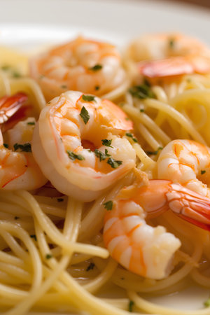 Spaghetti with Shrimps and Parmesan Cheese. Italian Cuisine.の素材