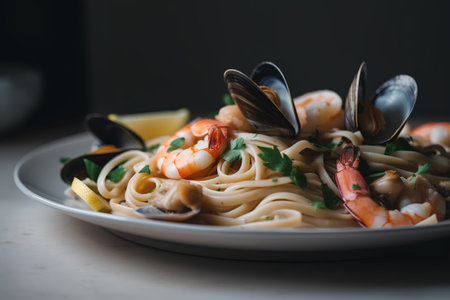 Seafood pasta with shrimps, mussels, squids and clamsの素材