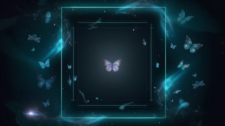Butterflies and frame on dark background with space for your textの素材